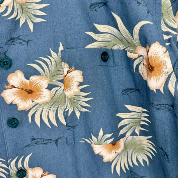 Weekender Mens Blue Hawaiian Floral Fish Print Button Up Shirt Size XL Camp - Picture 8 of 10